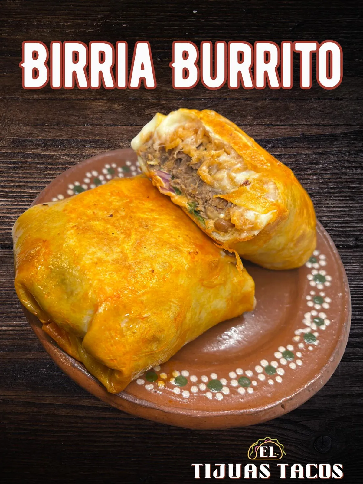 Birria burrito loaded with rice, beans, melted cheese and birria