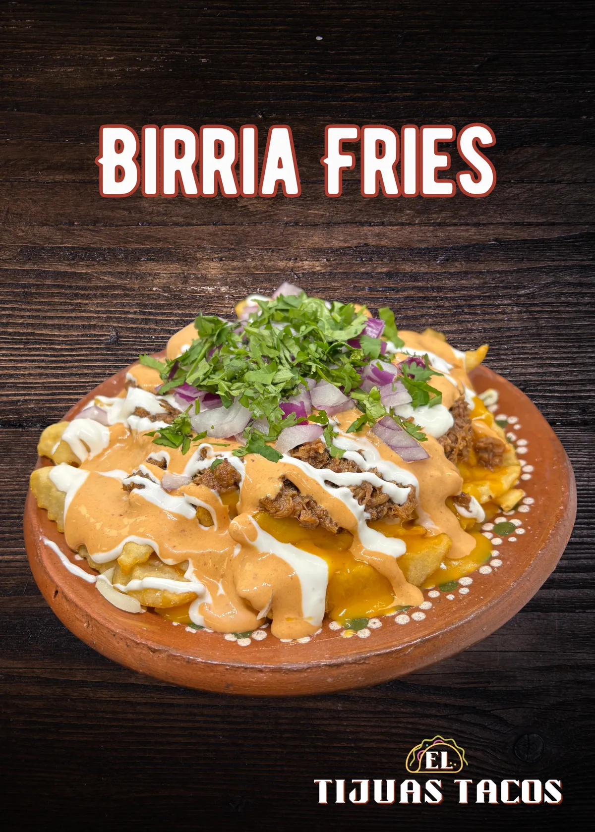 French fries loaded with birria, nacho cheese, queso fresco and chipotle crema