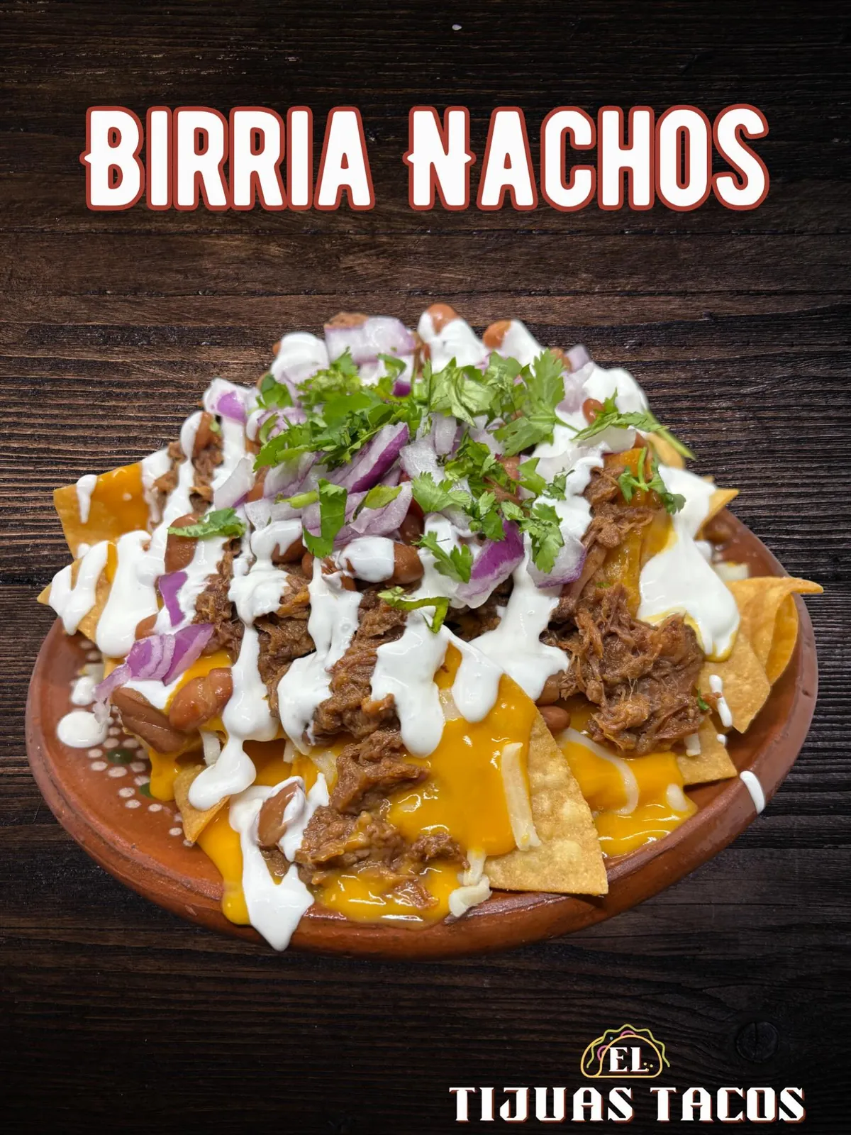 Birria nachos with homemade chips, nacho cheese, beans, onion and cilantro