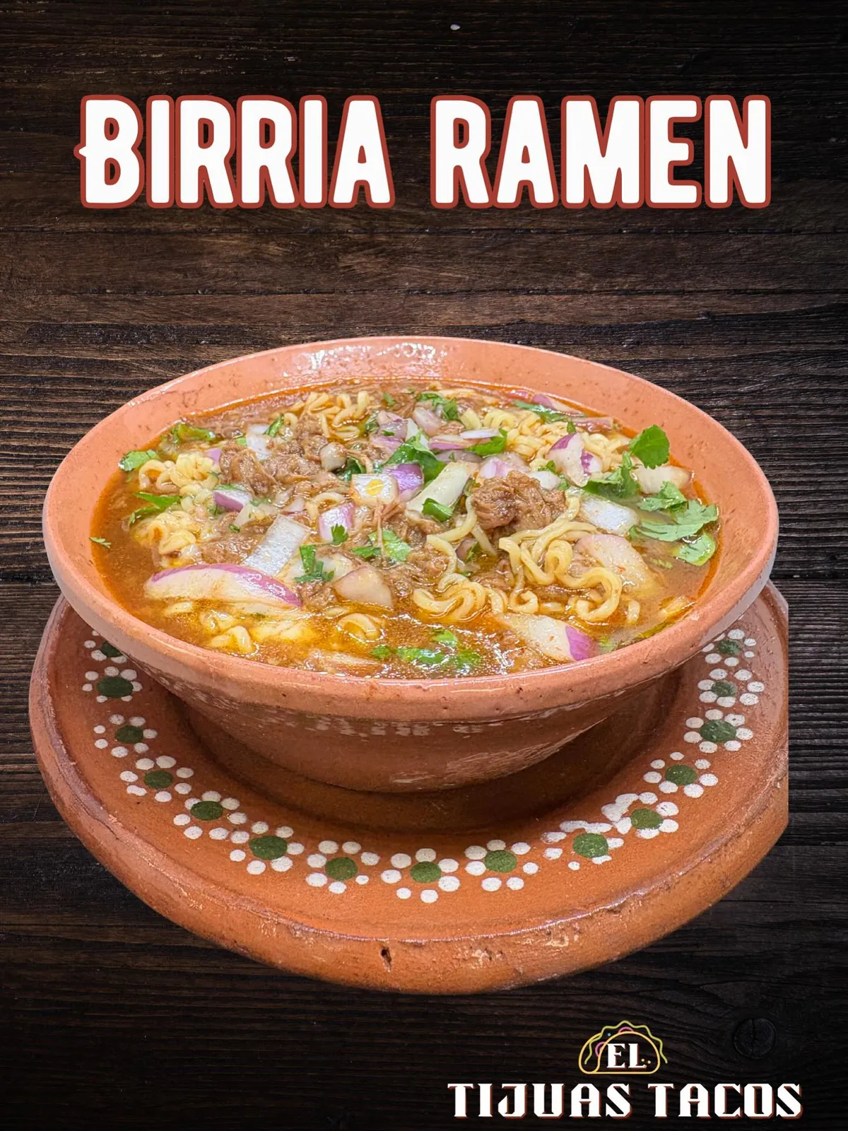 Birria ramen cooked in consomé with beef, cheese, onion and cilantro